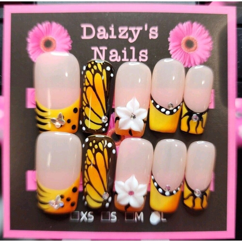 Large Size Press-on Nail 10Pc Set Handmade Square Butterfly 3D 2.5 Cm Length